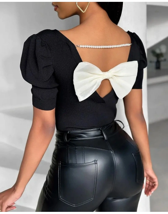 Kadın Kısa Kollu Sırt Inci Ve Kurdela Detay Karpuz Kol Yerli Krep Bluz