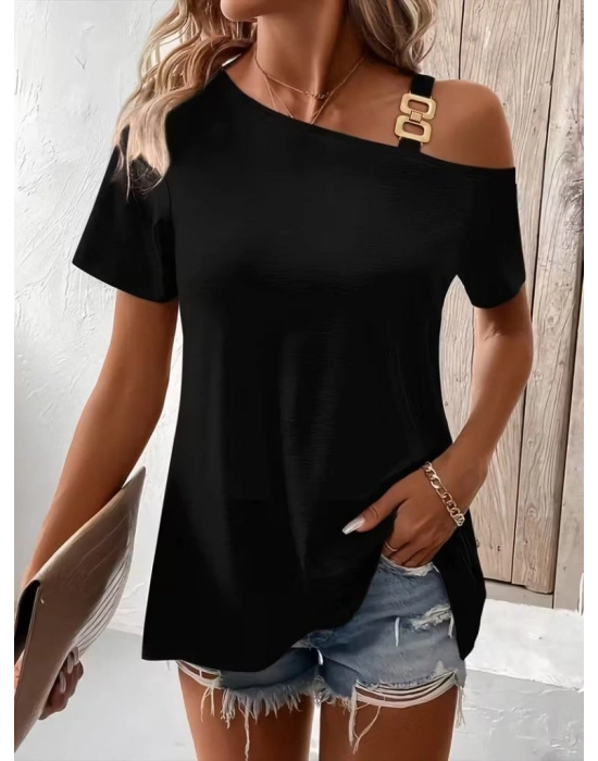 Kadın Kısa Kollu Tek Askı Detaylı Tokalı Viskon Bluz