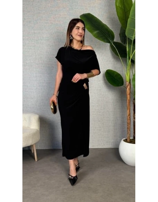Kadın Kısa Kollu Tek Omuzdan Açık Beli Lastikli Sandy Maxi Elbise
