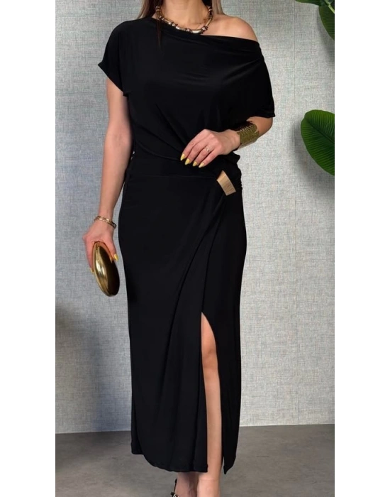 Kadın Kısa Kollu Tek Omuzdan Açık Beli Lastikli Sandy Maxi Elbise