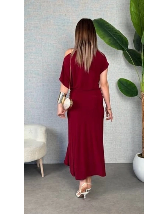 Kadın Kısa Kollu Tek Omuzdan Açık Beli Lastikli Sandy Maxi Elbise