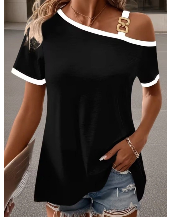 Kadın Kısa Kollu Tek Omuzu Açık Askı Toka Detaylı Viskon Bluz