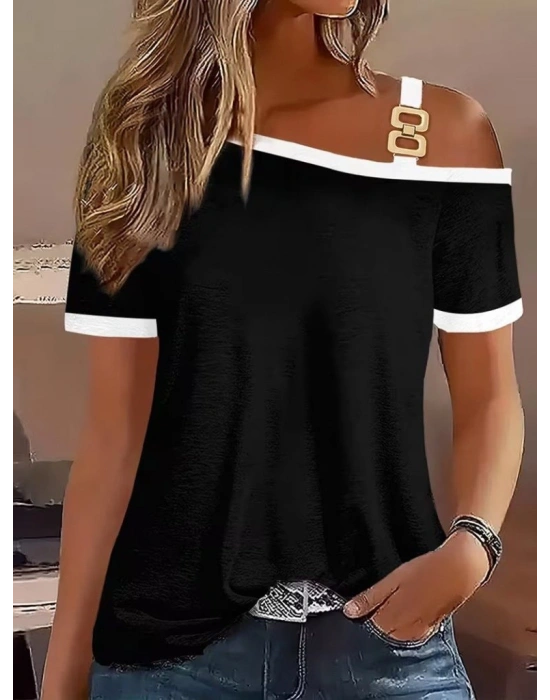 Kadın Kısa Kollu Tek Omuzu Açık Askı Toka Detaylı Viskon Bluz