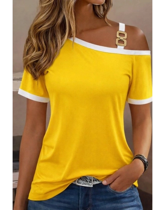 Kadın Kısa Kollu Tek Omuzu Açık Askı Toka Detaylı Viskon Bluz