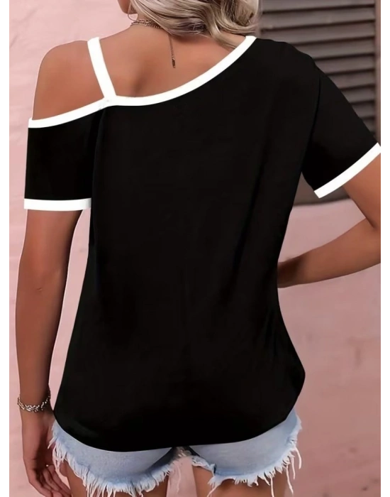 Kadın Kısa Kollu Tek Omuzu Açık Askı Toka Detaylı Viskon Bluz