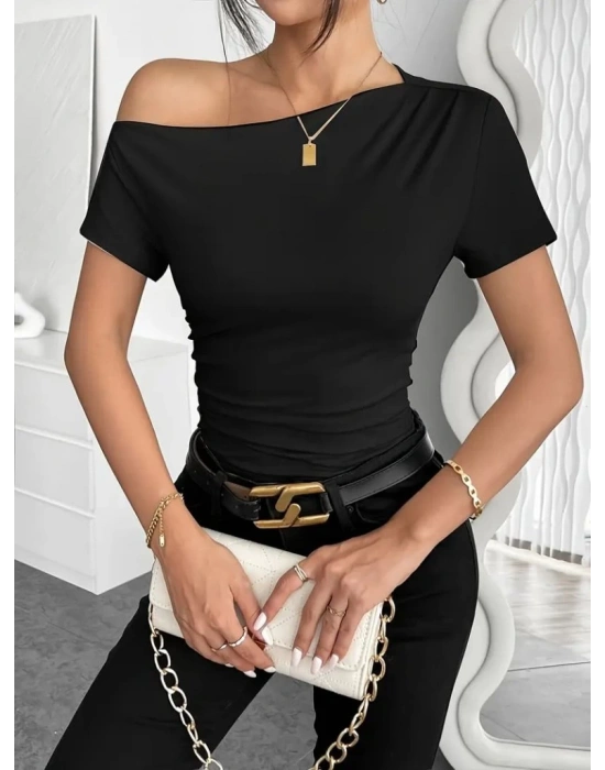 Kadın Kısa Kollu Tek Omuzu Açık Büzgülü Viskon Bluz