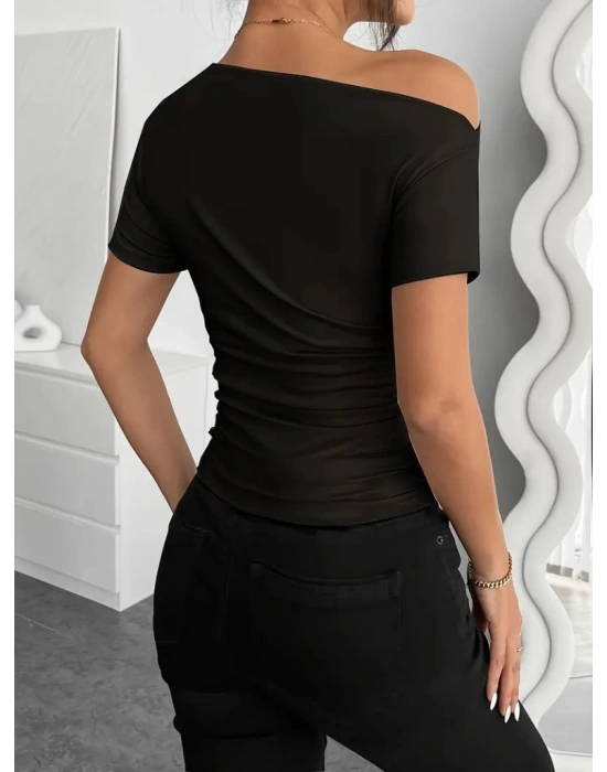 Kadın Kısa Kollu Tek Omuzu Açık Büzgülü Viskon Bluz