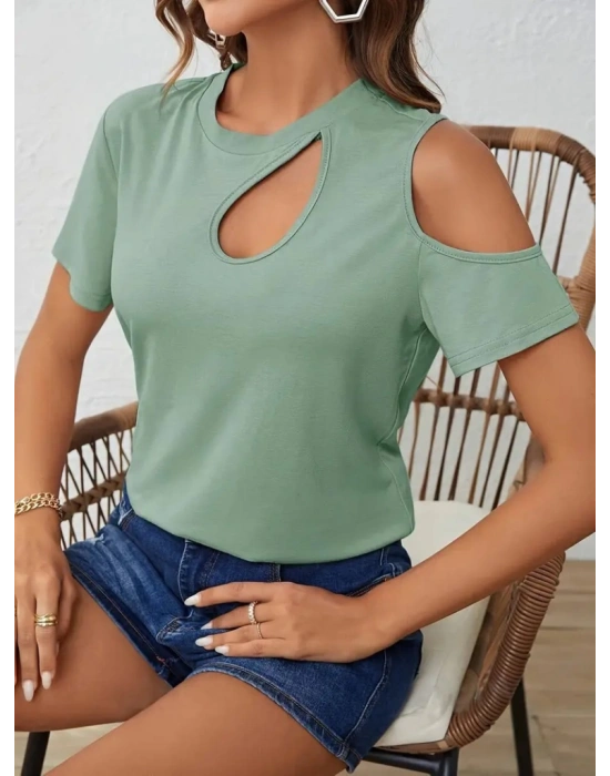 Kadın Kısa Kollu Tek Omuzu Açık Damla Detaylı Viskon Bluz