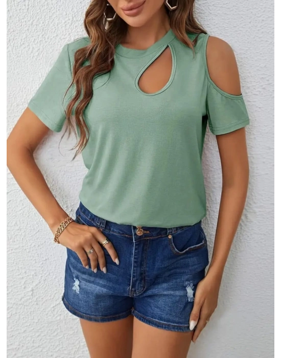 Kadın Kısa Kollu Tek Omuzu Açık Damla Detaylı Viskon Bluz