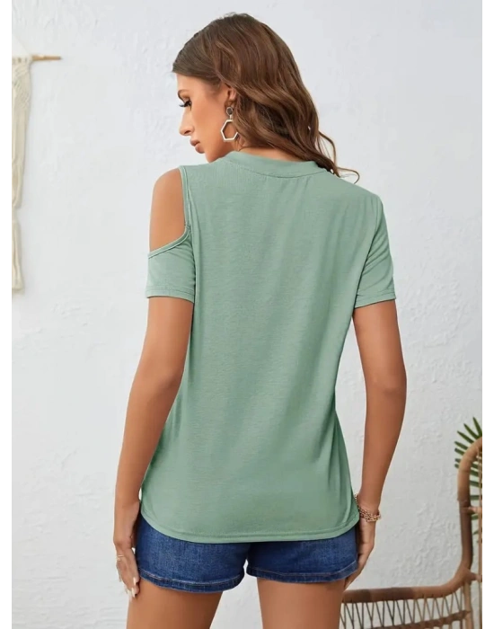 Kadın Kısa Kollu Tek Omuzu Açık Damla Detaylı Viskon Bluz