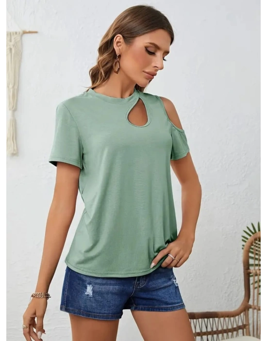 Kadın Kısa Kollu Tek Omuzu Açık Damla Detaylı Viskon Bluz