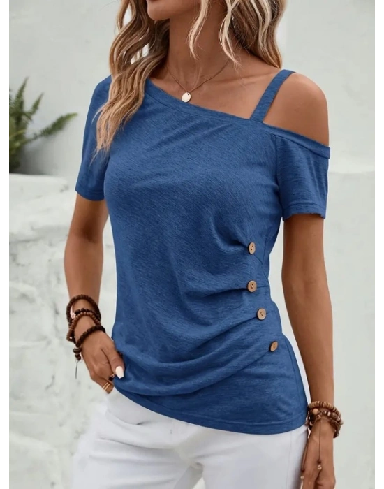 Kadın Kısa Kollu Tek Tarafı Askılı Düşük Omuzlu Düğme Detay Viskon Bluz