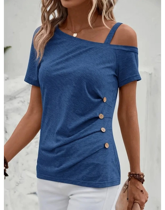 Kadın Kısa Kollu Tek Tarafı Askılı Düşük Omuzlu Düğme Detay Viskon Bluz