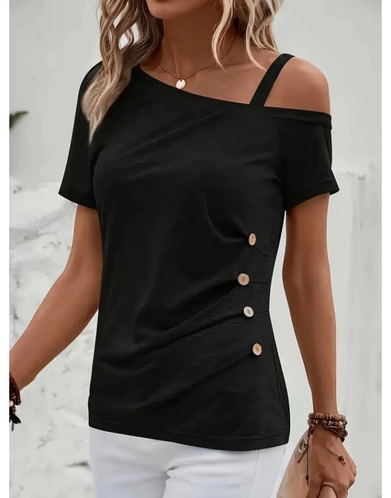 Kadın Kısa Kollu Tek Tarafı Askılı Düşük Omuzlu Düğme Detay Viskon Bluz