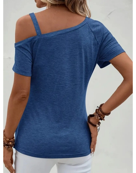 Kadın Kısa Kollu Tek Tarafı Askılı Düşük Omuzlu Düğme Detay Viskon Bluz