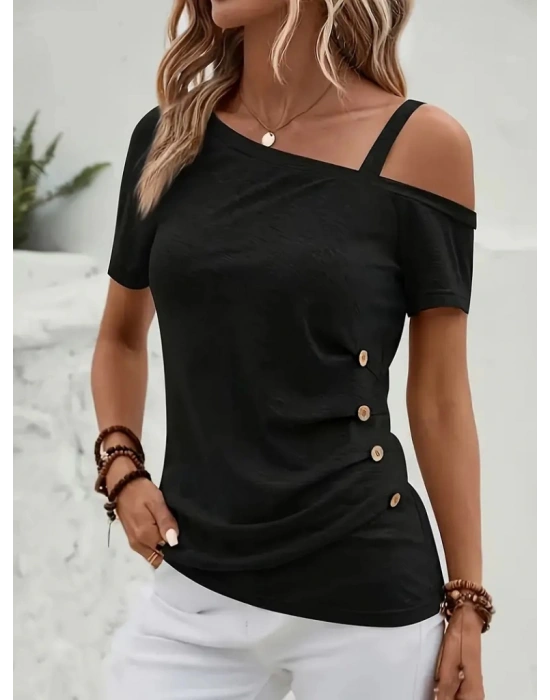 Kadın Kısa Kollu Tek Tarafı Askılı Düşük Omuzlu Düğme Detay Viskon Bluz