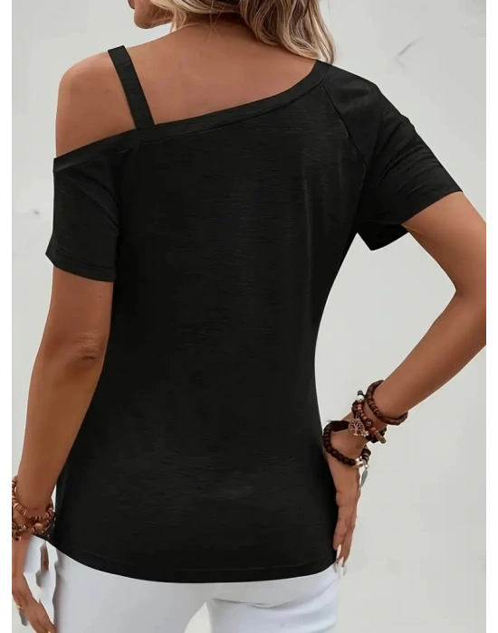 Kadın Kısa Kollu Tek Tarafı Askılı Düşük Omuzlu Düğme Detay Viskon Bluz