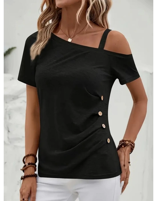 Kadın Kısa Kollu Tek Tarafı Askılı Düşük Omuzlu Düğme Detay Viskon Bluz