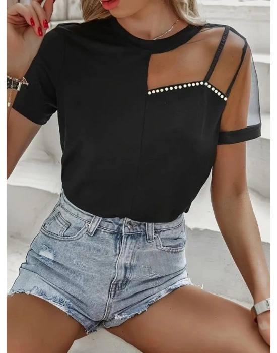 Kadın Kısa Kollu Tül Detaylı Taşlı Janjan Krep Bluz