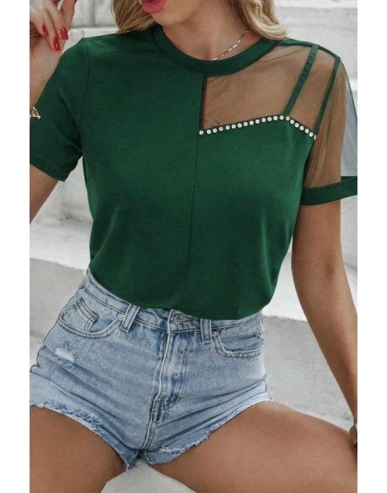 Kadın Kısa Kollu Tül Detaylı Taşlı Janjan Krep Bluz