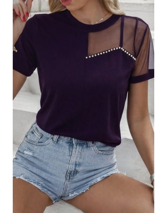 Kadın Kısa Kollu Tül Detaylı Taşlı Janjan Krep Bluz