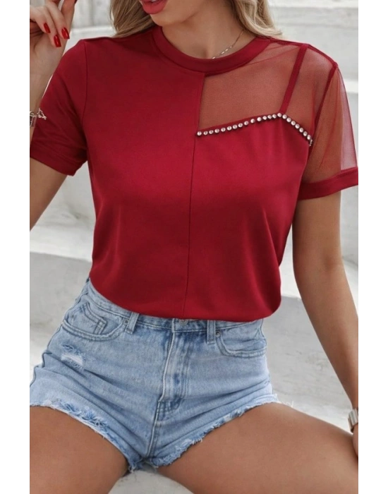 Kadın Kısa Kollu Tül Detaylı Taşlı Janjan Krep Bluz