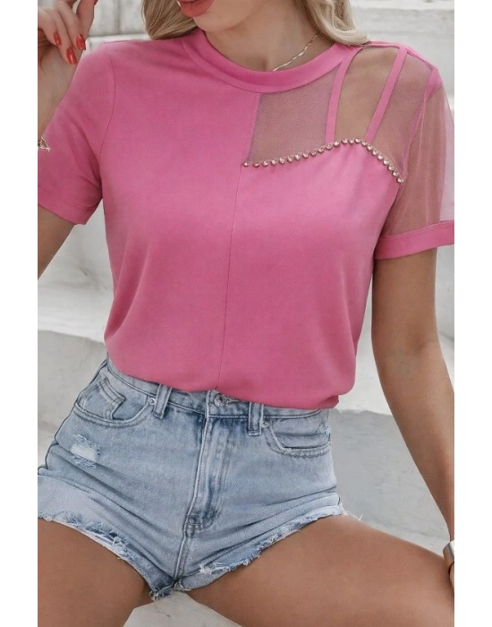 Kadın Kısa Kollu Tül Detaylı Taşlı Janjan Krep Bluz