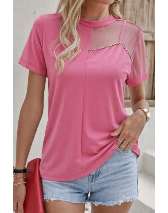 Kadın Kısa Kollu Tül Detaylı Taşlı Janjan Krep Bluz