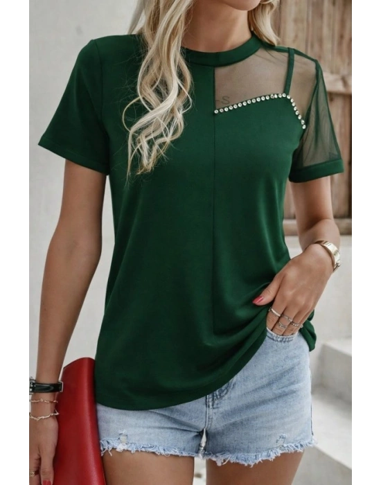 Kadın Kısa Kollu Tül Detaylı Taşlı Janjan Krep Bluz