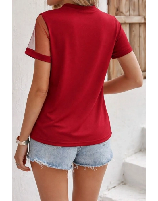 Kadın Kısa Kollu Tül Detaylı Taşlı Janjan Krep Bluz