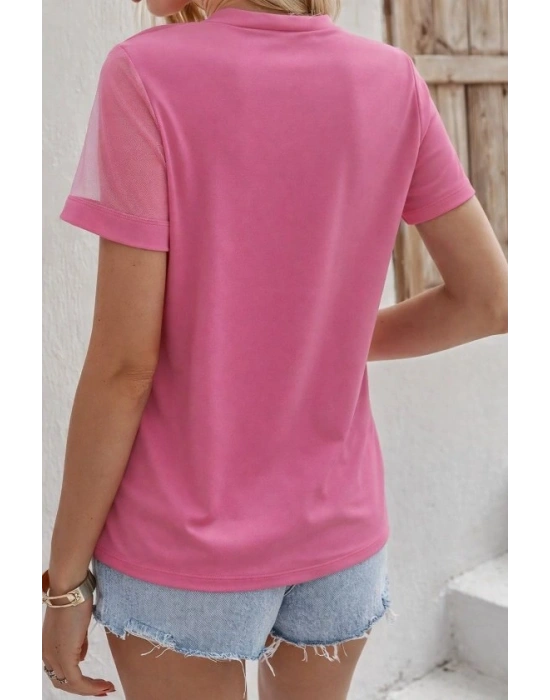 Kadın Kısa Kollu Tül Detaylı Taşlı Janjan Krep Bluz