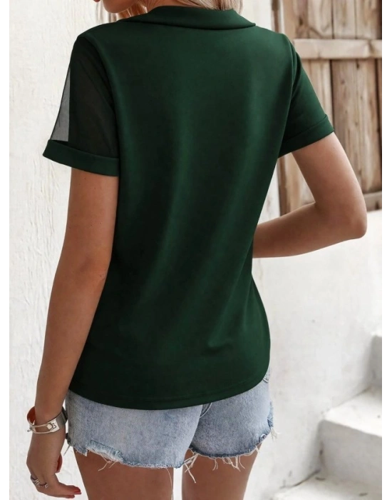 Kadın Kısa Kollu Tül Detaylı Taşlı Janjan Krep Bluz