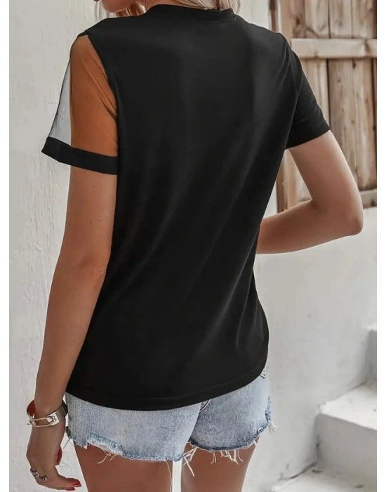 Kadın Kısa Kollu Tül Detaylı Taşlı Janjan Krep Bluz