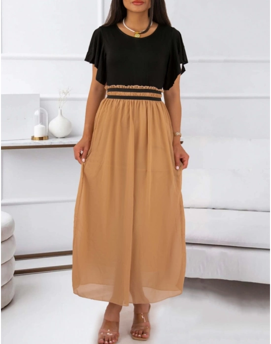 Kadın Kısa Kollu üst Viskon Alt Astarlı şifon Beli Lastikli Elbise