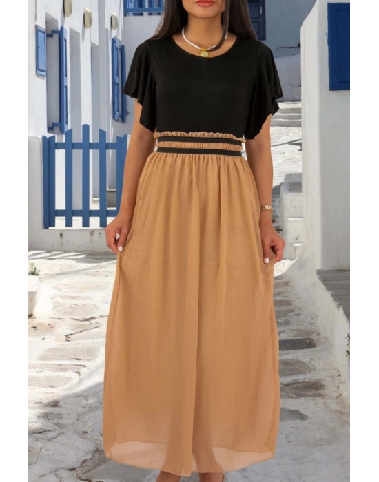 Kadın Kısa Kollu üst Viskon Alt Astarlı şifon Beli Lastikli Elbise