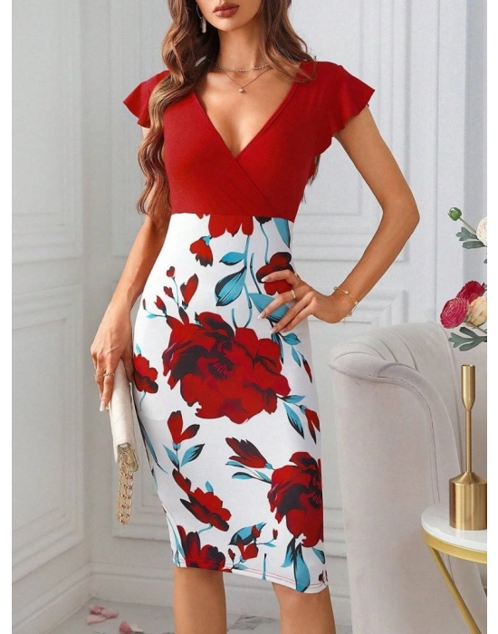 Kadın Kısa Kollu üstü Kırmızı Viskon Altı çiçek Baskılı Dalgıç Mini Elbise