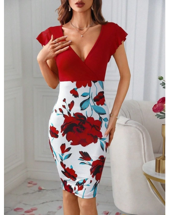 Kadın Kısa Kollu üstü Kırmızı Viskon Altı çiçek Baskılı Dalgıç Mini Elbise