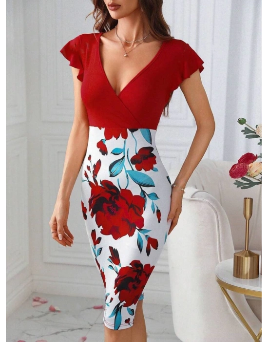 Kadın Kısa Kollu üstü Kırmızı Viskon Altı çiçek Baskılı Dalgıç Mini Elbise