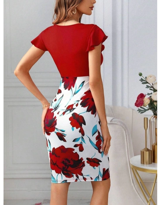 Kadın Kısa Kollu üstü Kırmızı Viskon Altı çiçek Baskılı Dalgıç Mini Elbise