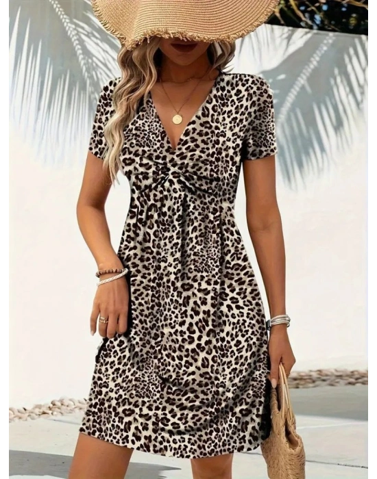 Kadın Kısa Kollu V çapraz Yaka Detaylı Desenli Süprem Elbise