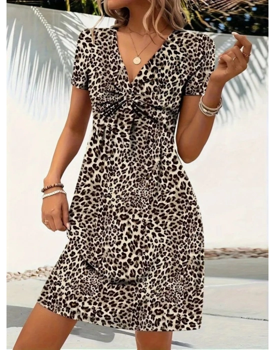 Kadın Kısa Kollu V çapraz Yaka Detaylı Desenli Süprem Elbise