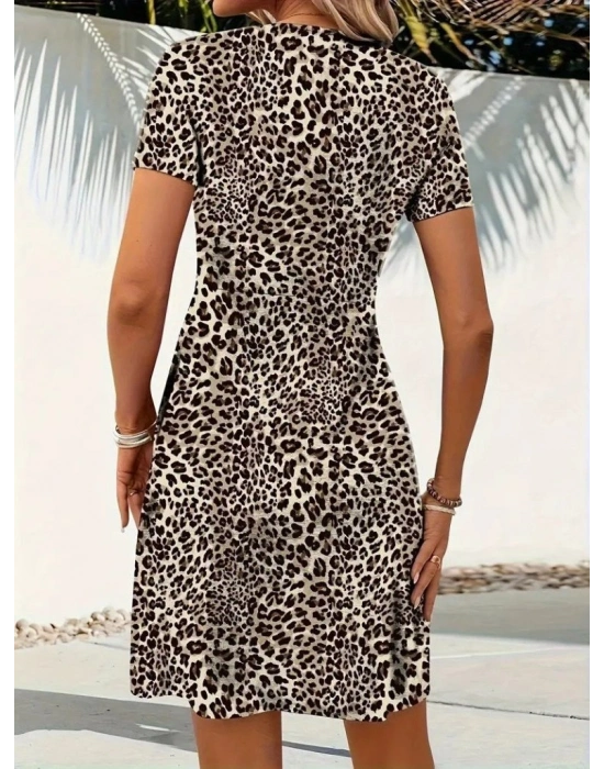 Kadın Kısa Kollu V çapraz Yaka Detaylı Desenli Süprem Elbise