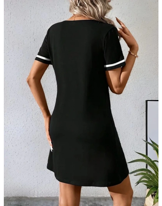 Kadın Kısa Kollu V çizgili Yakalı Kısa Viskon Elbise