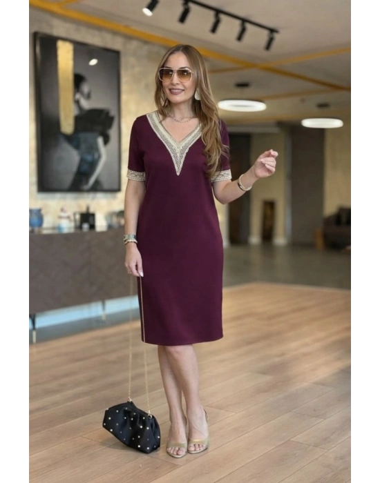 Kadın Kısa Kollu V Dantel Yaka Viskon Iki Iplik Elbise