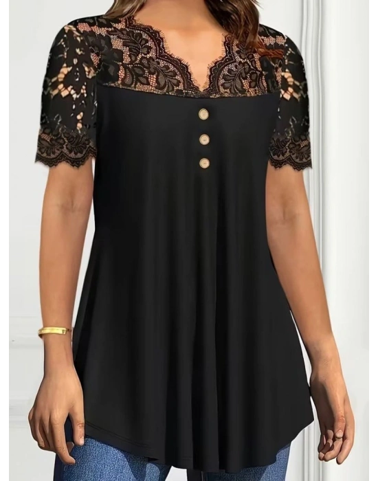Kadın Kısa Kollu V Dantel Yakalı Düğmeli Viskon Bluz