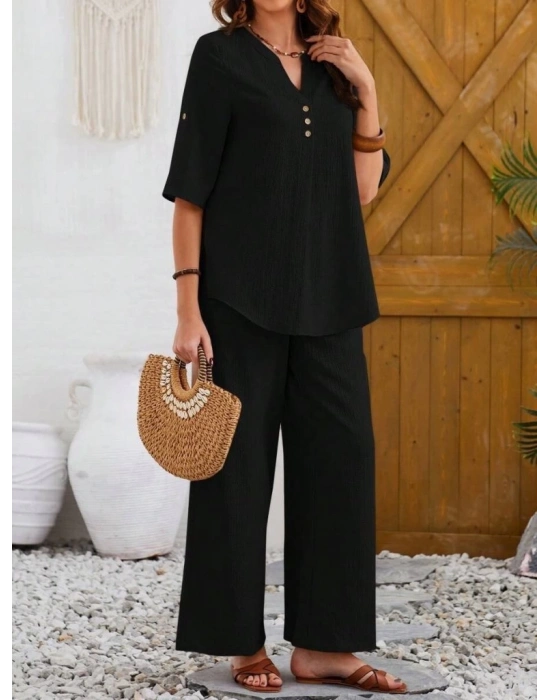 Kadın Kısa Kollu V Hakim Yaka Düğmeli Bürümcük Bluz Ve Pantolon Ikili Takım