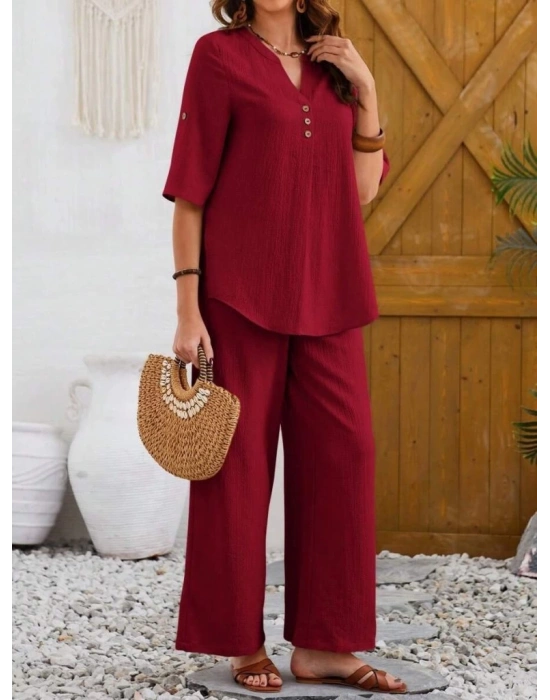 Kadın Kısa Kollu V Hakim Yaka Düğmeli Bürümcük Bluz Ve Pantolon Ikili Takım