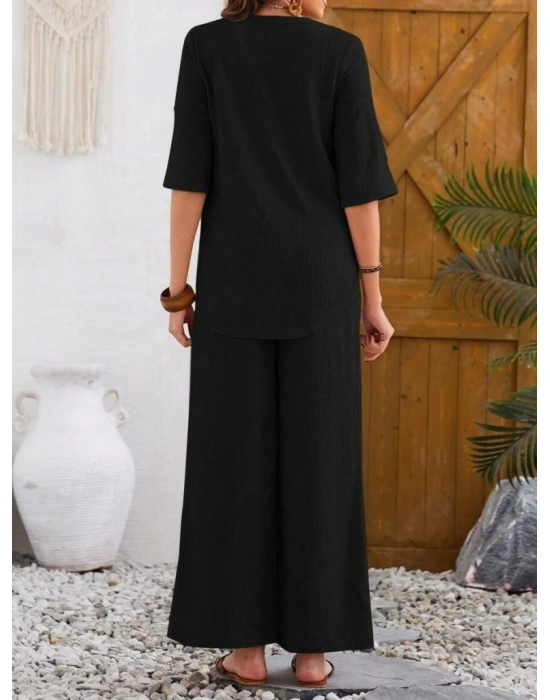 Kadın Kısa Kollu V Hakim Yaka Düğmeli Bürümcük Bluz Ve Pantolon Ikili Takım