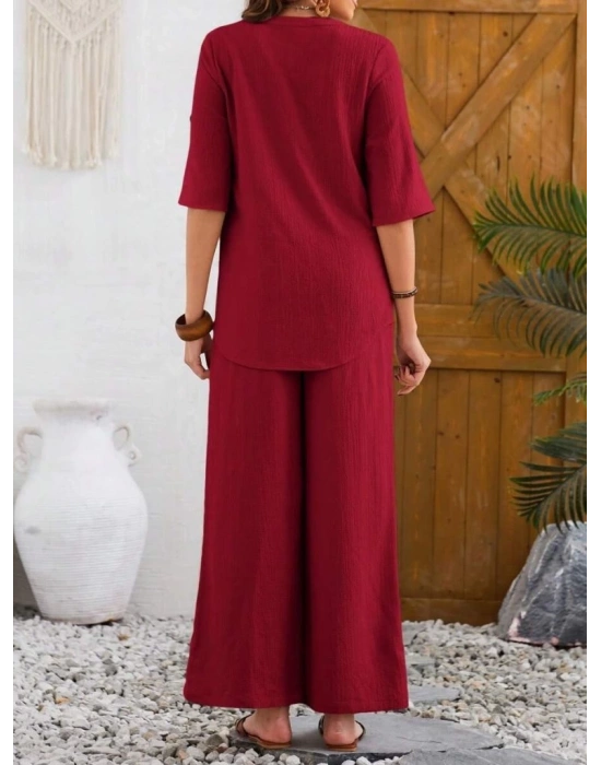 Kadın Kısa Kollu V Hakim Yaka Düğmeli Bürümcük Bluz Ve Pantolon Ikili Takım