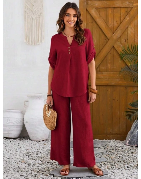 Kadın Kısa Kollu V Hakim Yaka Düğmeli Bürümcük Bluz Ve Pantolon Ikili Takım